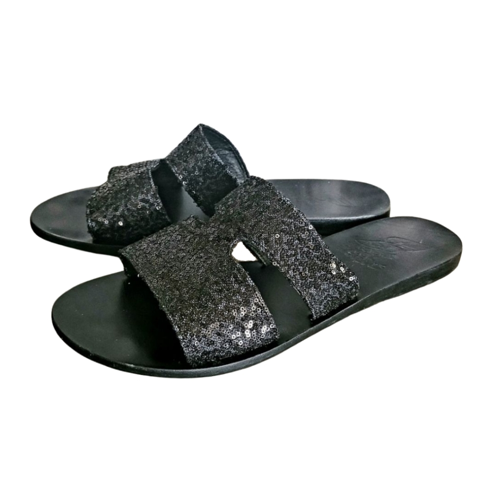 ANCIENT GREEK SANDALS | Black Leather Sequin Slides Slip On Sandals Size EU 40